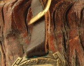 Attractive vintage brass zeppelin & airplane leather strap pocket watch fob, triangular shield, brown strap