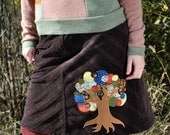 SOLD  Upcycled corduroy skirt 'In the Trees' circle tree applique, recycled one-of-a-kind