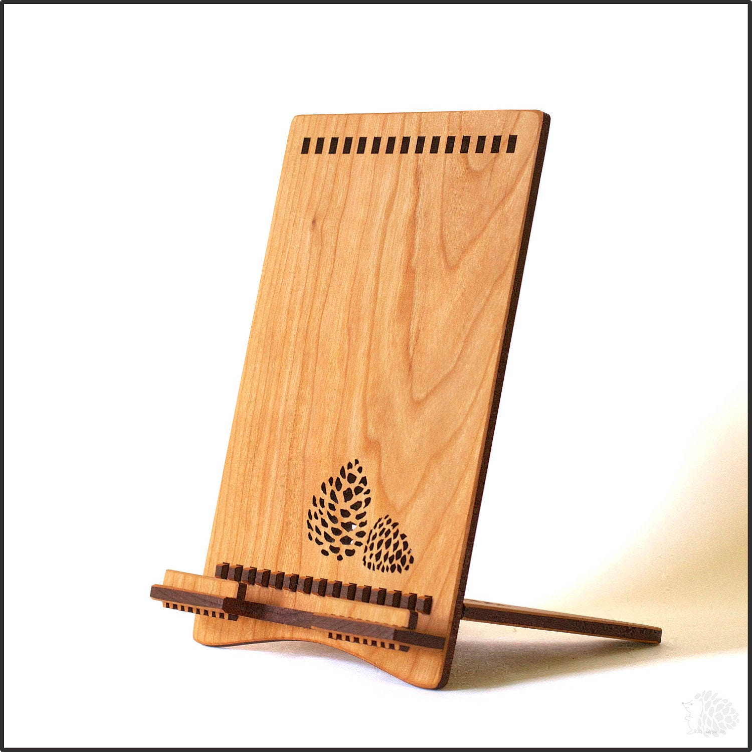 Cherry Wood iPad Stand with Pine Cone, for iPad, New iPad, and iPad Mini