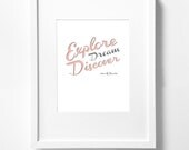 Typography Graphic Design Print - 8x10 - "Explore Dream Discover" - Mark Twain Inspirational Exploration Discovery Quote