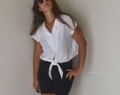 Cropped Tie Front Blouse Vintage 1980s White Small Short Sleeve Button Up