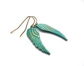 Angel wings earrings - green, gold dangles, patina verdigris, gift for her under 25, rustic, mint seafoam, turquoise
