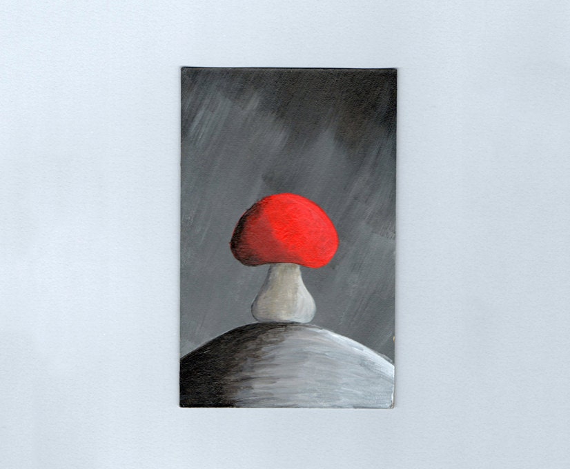 Red Mushroom Original Painting Acrylics on Cardboard OOAK