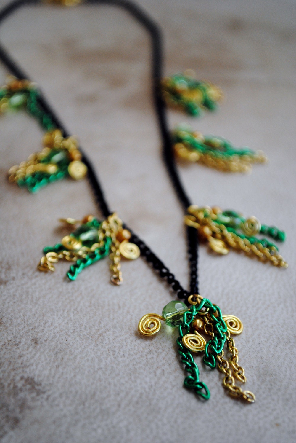 Green and Gold Tassel Necklace Beaded Chain Jewelry Loki Inspired