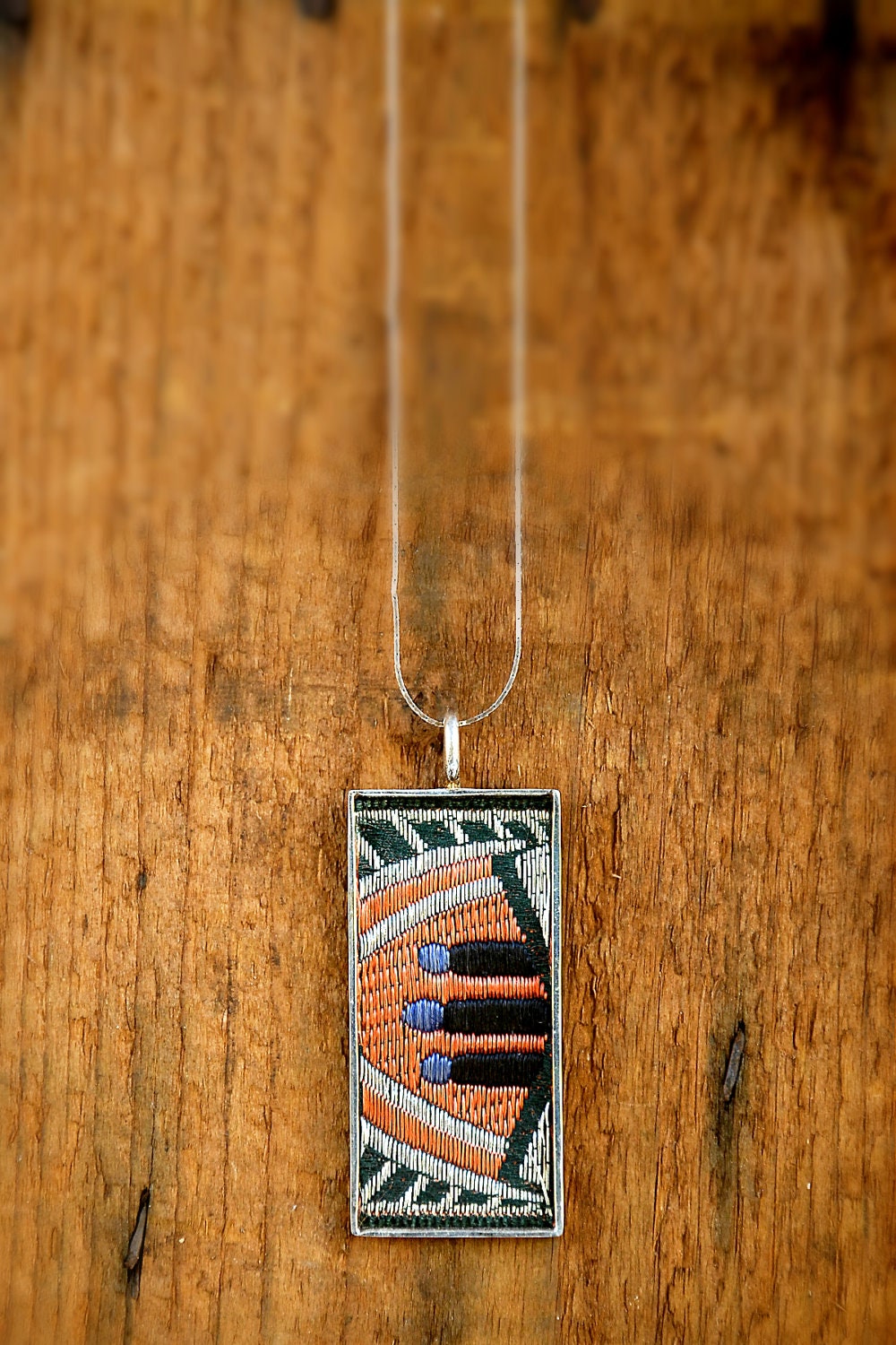 Handmade Ribbon Pendant Necklace, with antique Brown and Silver art deco motif, on silver vintage chain