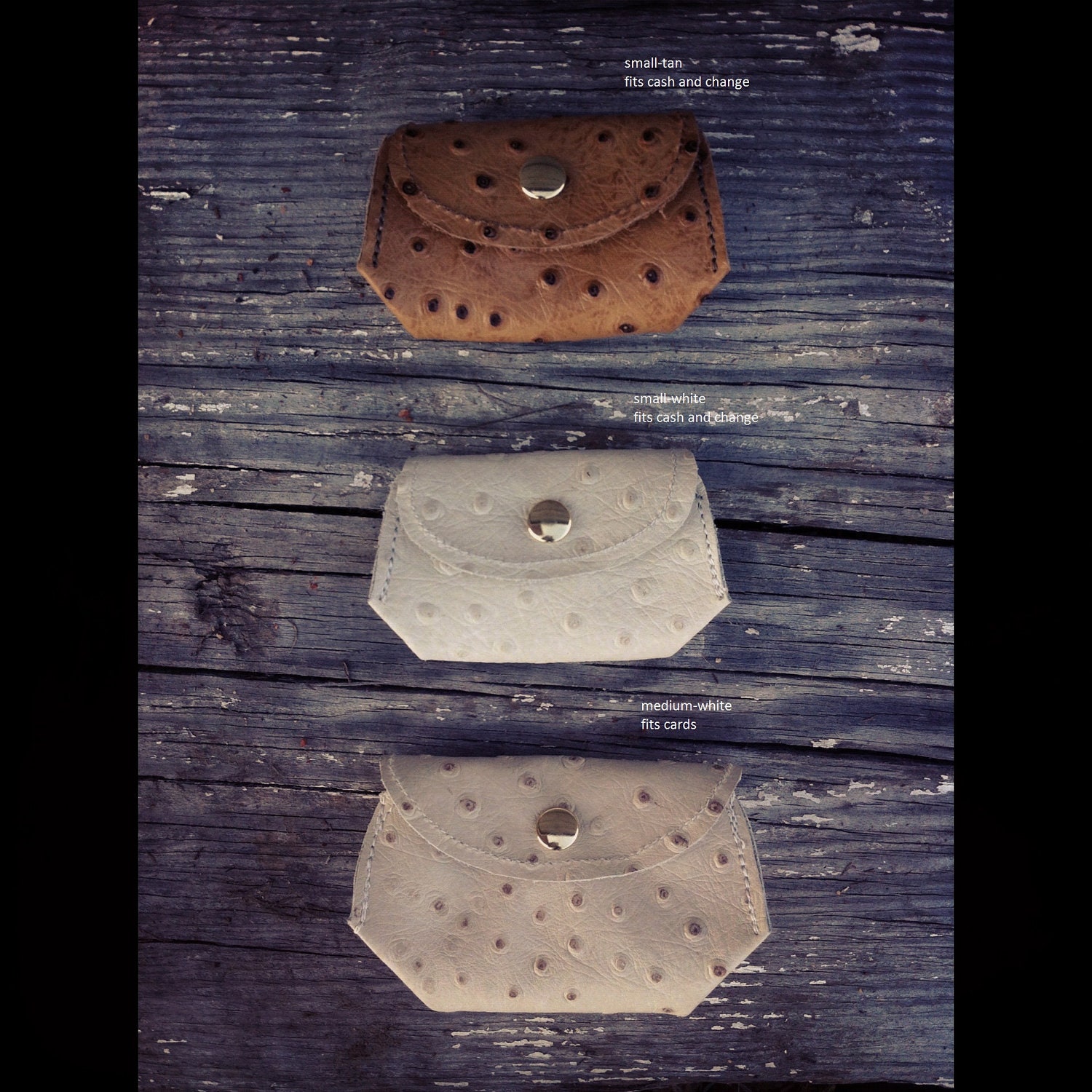 SMALL ostrich leather wallets, white and tan