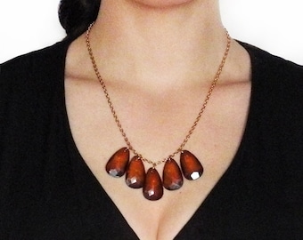 gloria - stained glass hexagon and diamond cut vintage charm necklace - brown