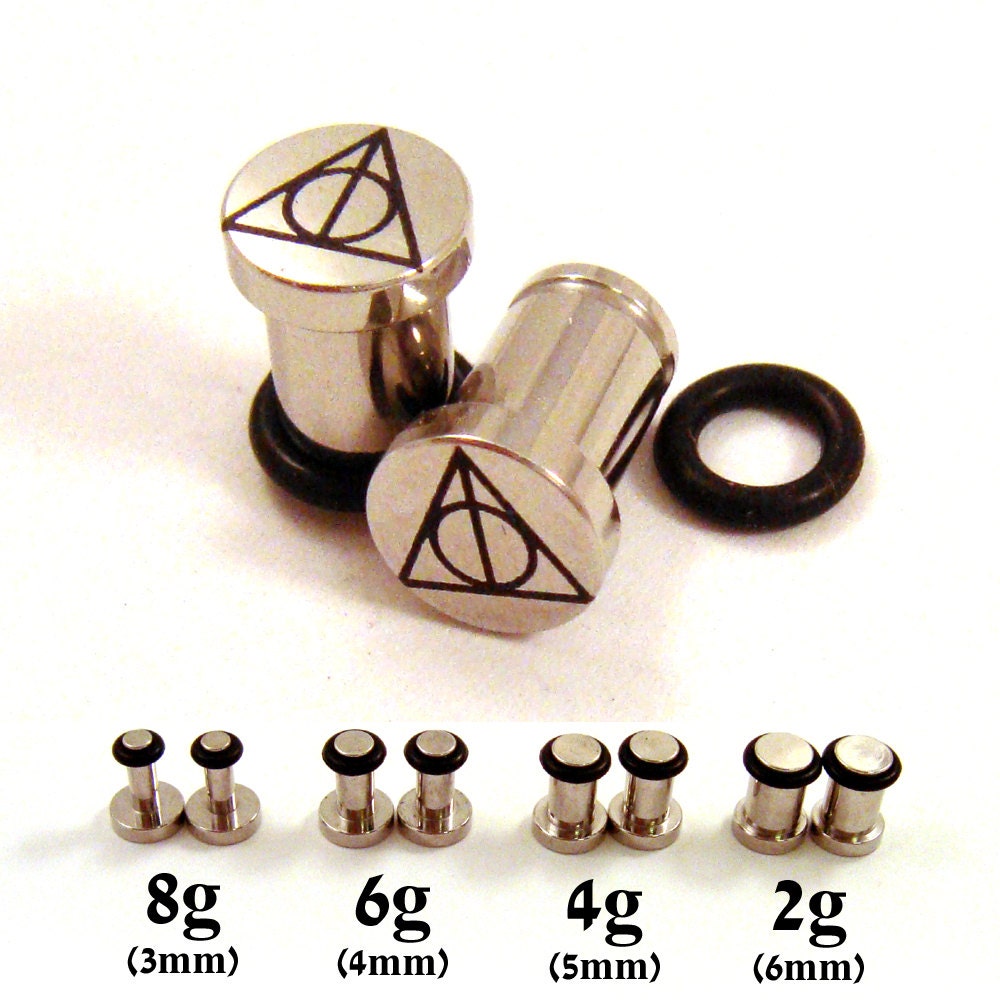 Sign of the Deathly Hallows Surgical Steel Plugs - Single Flared - 8g (3mm) 6g (4mm) 4g (5mm) 2g (6mm) Single Flare Metal Ear Gauges