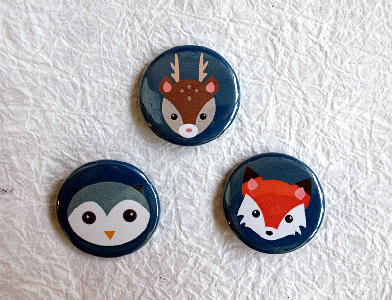 Pinback Buttons - Cute Animal pins Fox Deer Owl -  Set of 3