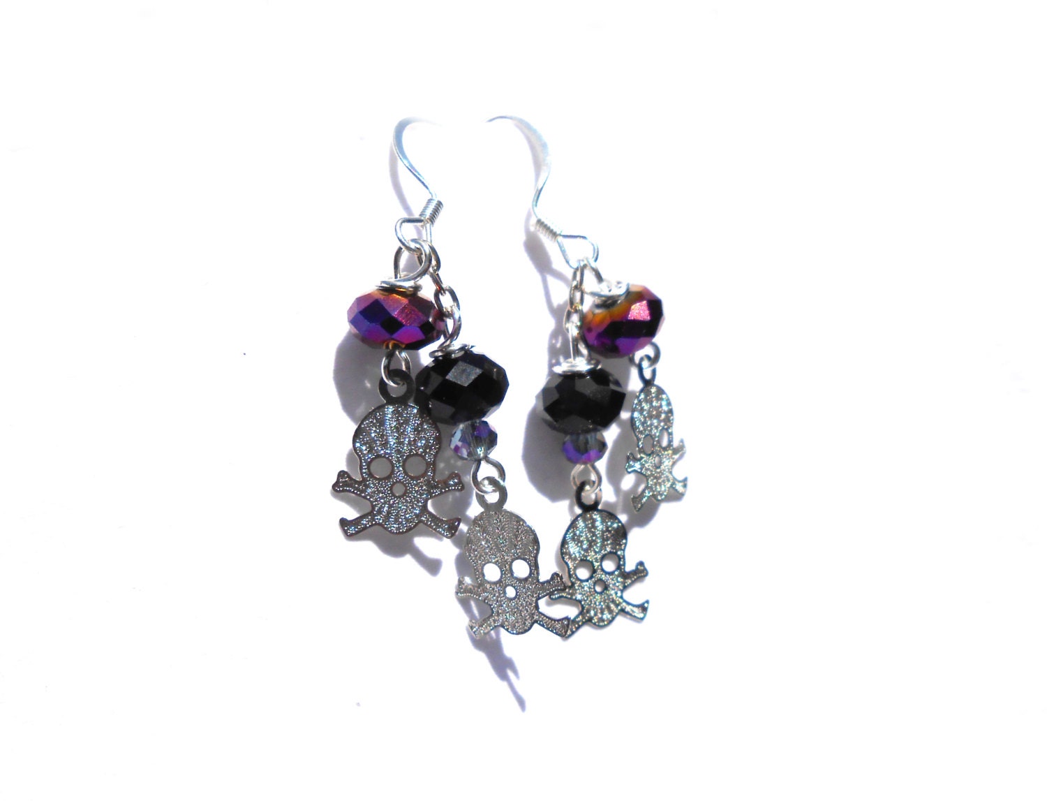 Skull Earrings - Halloween Earrings - Metallic, Black Crystal Rondelle Beads- Skulls, Chain Dangle Earrings.