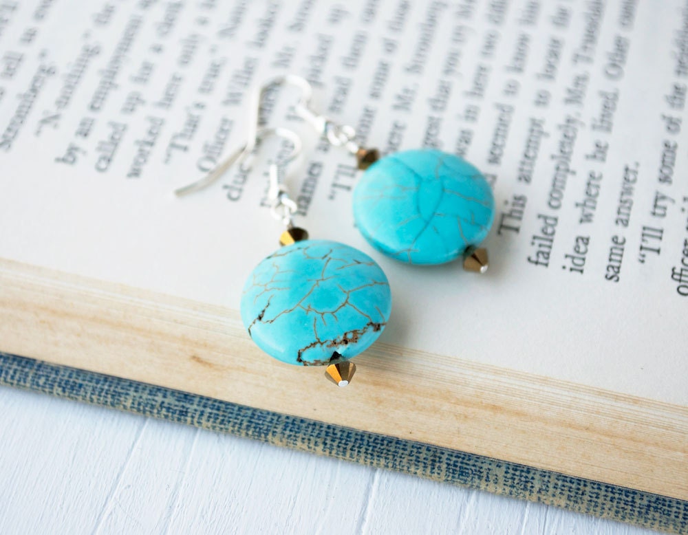 Howlite Earrings, Stone Earrings, Turquoise Blue, Beaded Earrings, Blue Beaded Earrings, Blue Stone Earrings, Swarovski Crystals