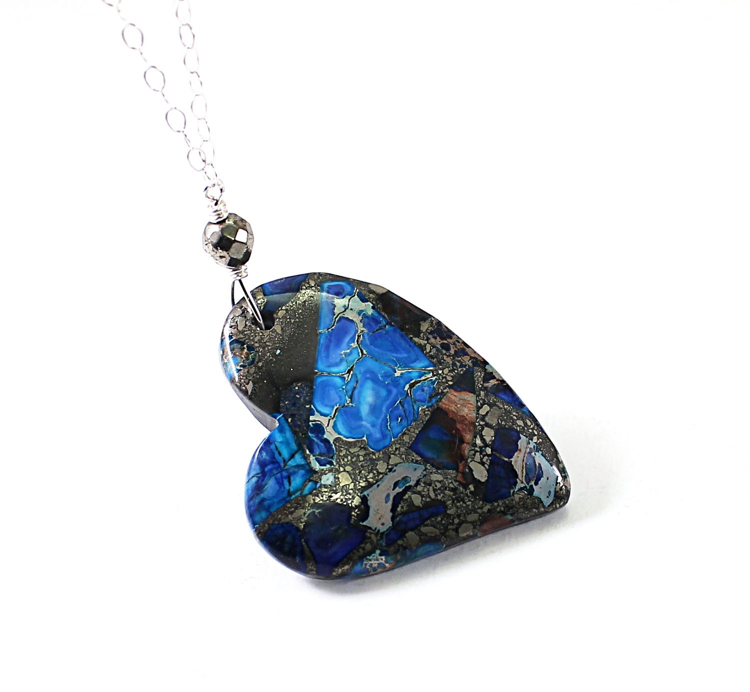 Silver heart necklace - sterling silver necklace love stone jewelry blue gemstone pyrite jasper - NatureLook