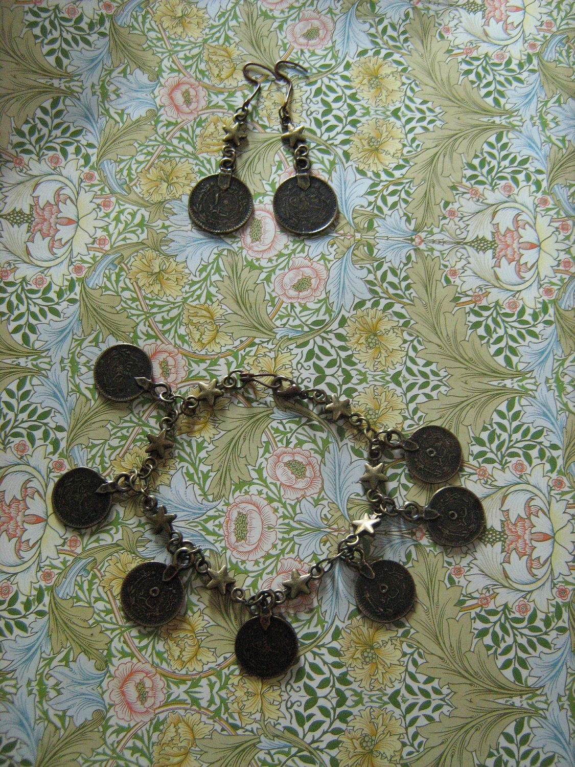 Coin and star bracelet and earrings