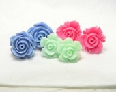 Rose Stud Post Earrings -3 pair set- blue, rose and green