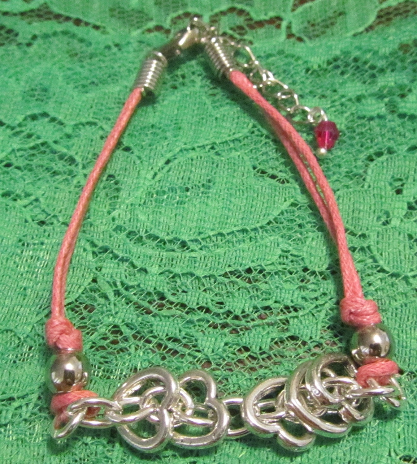 Hearts Pink Wax Cord Bracelet Handmade Unique