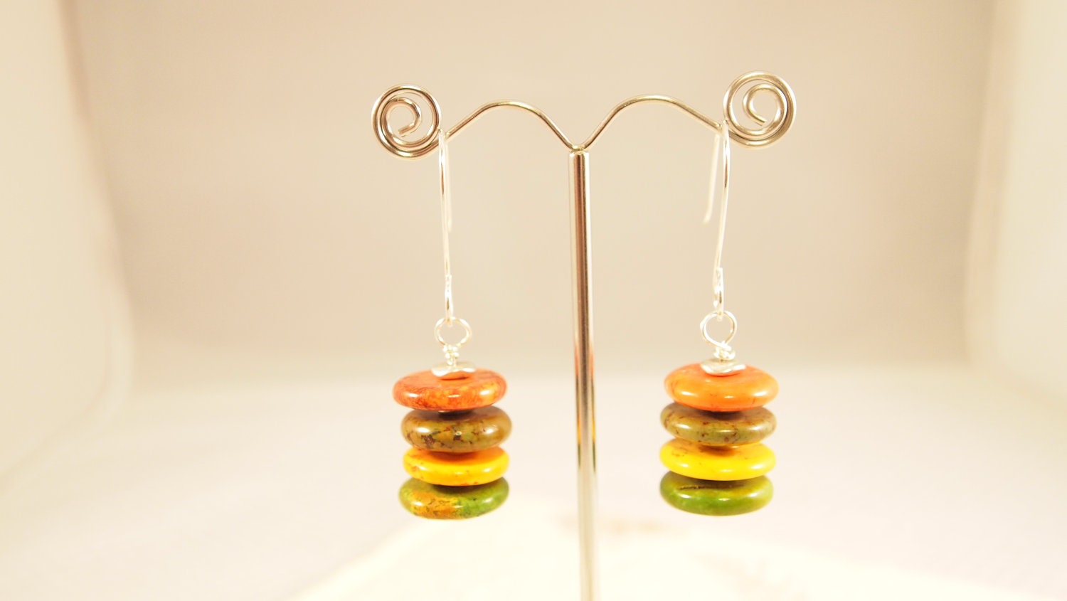 Beaded Pierce Earrings .Green, Orange and Yellow Coral Coin Beads. OOAK Handmade Earrings.