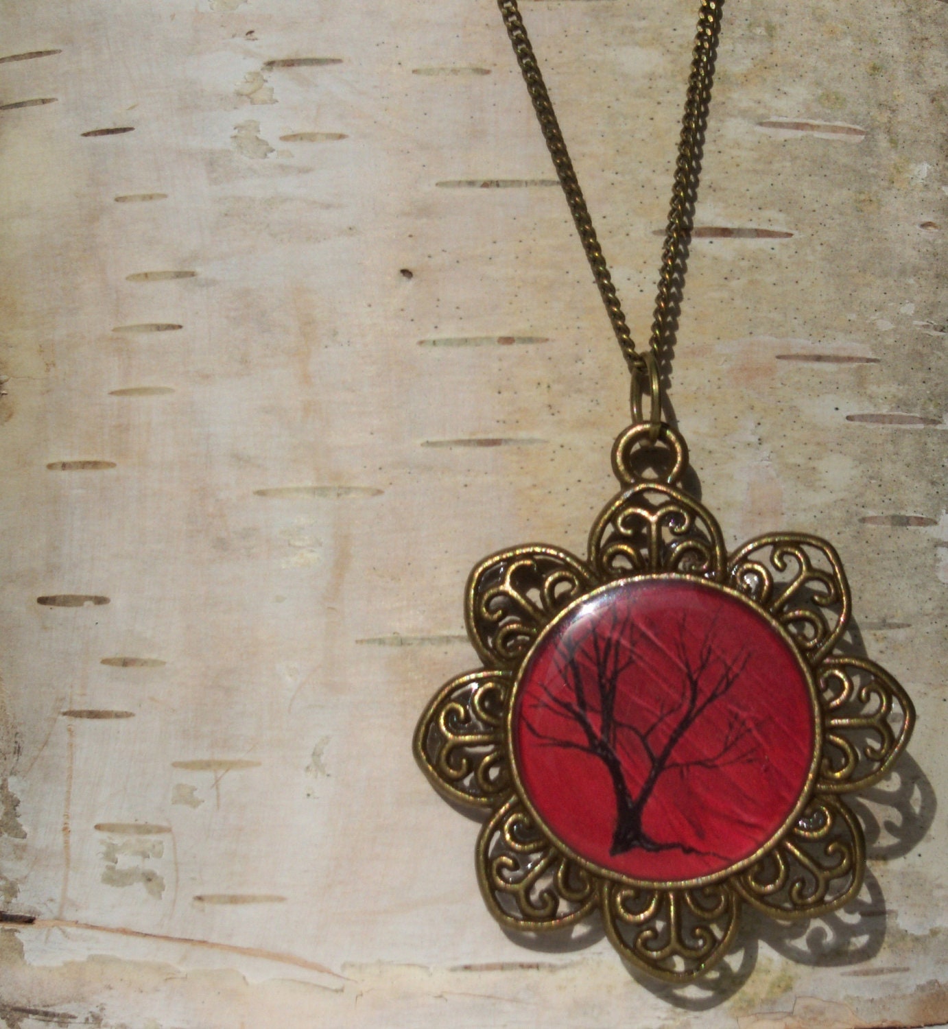 Magenta Tree Filigree Antique Bronze Pendant Necklace Painting Print - Mini Push