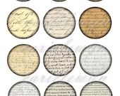 Vintage Handwriting Bottlecap Images / Sepia Victorian Paper Ephemera Cursive Writing Letters / Printable Digital Collage for Bottle Caps