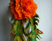 felted scarf with flower  brooch, handmade, felt, wrap, green, orange, spiky, lagenlook, made to order