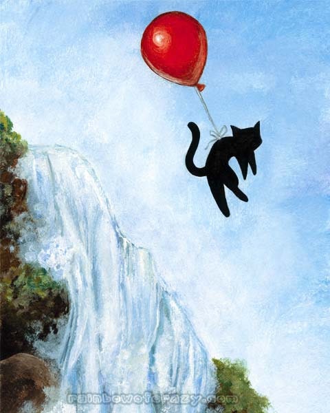 Flying Black Cat Art, Red Balloon Print, Waterfall Picture, 8x10 Wall Art, Balloon Cat, Floating Cat, Animal Illustration