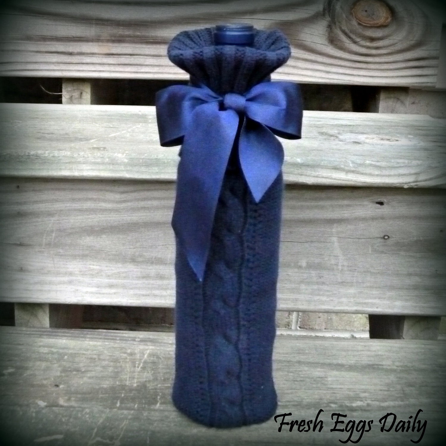 Navy Blue Cable Knit Wine Sweater Sock Cozy with Ribbon Bow Holiday Gift Idea from Repurposed Sweater