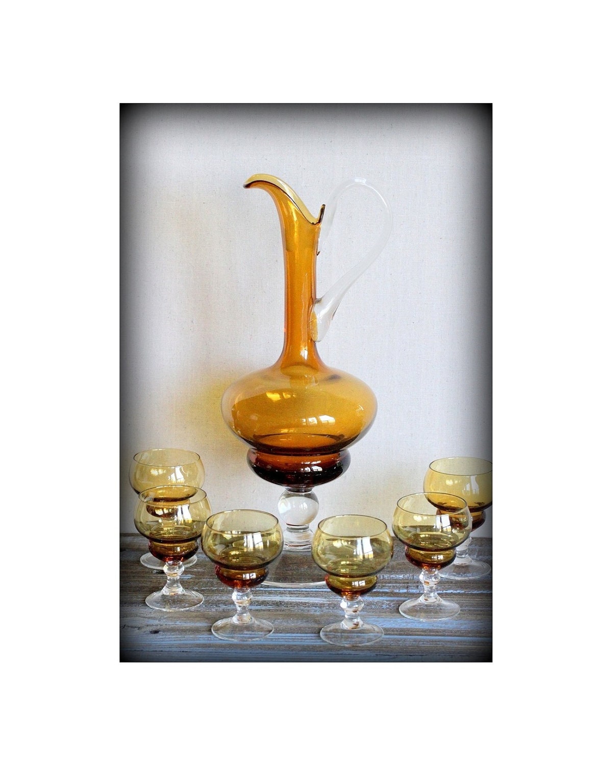 Vintage Glass Pitcher Cup Set Italian Art Glass Decanter Amber Wine