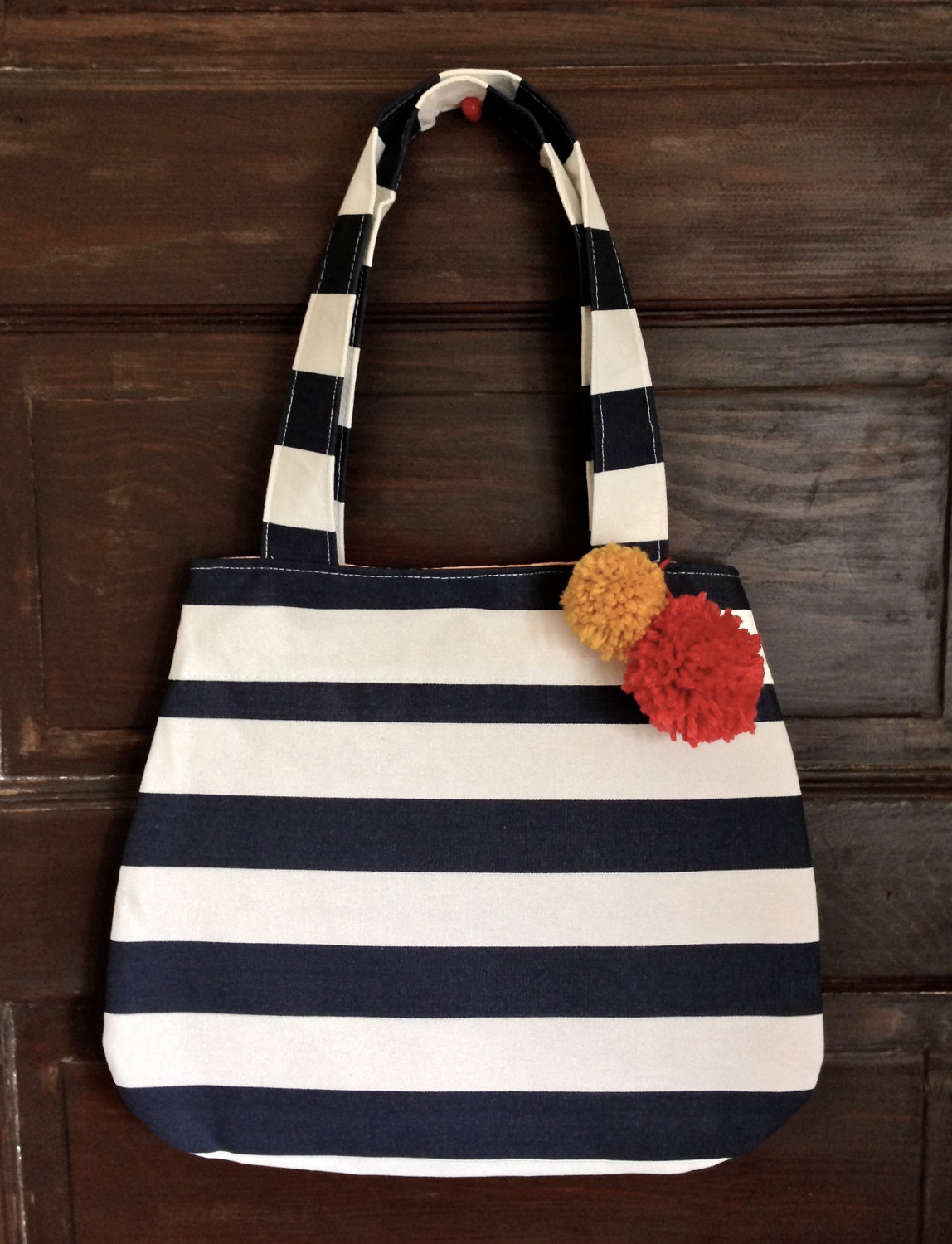 Navy Striped Pom Pom Tote