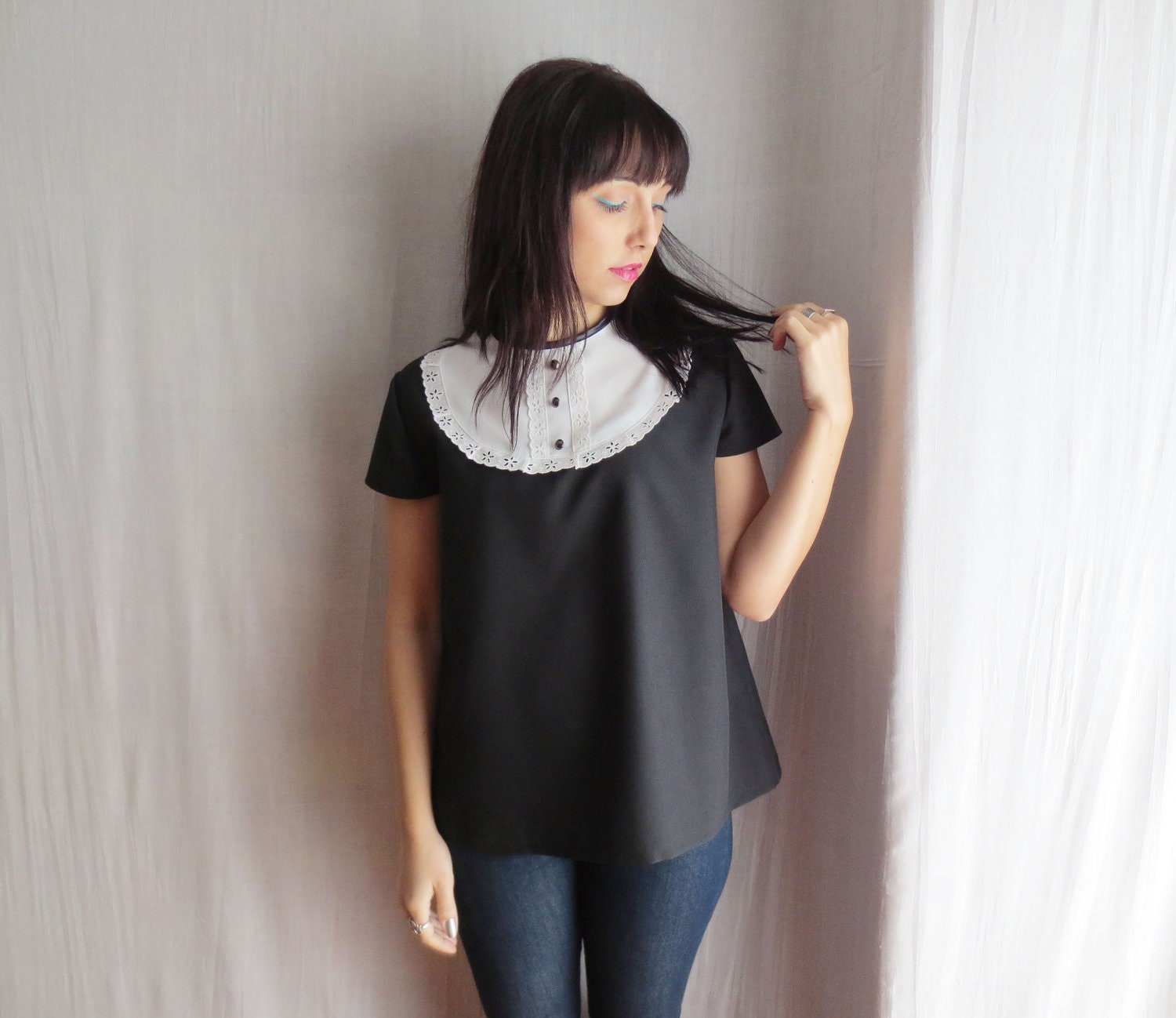 Black bib shirt - short sleeve top womens top alice in wonderland