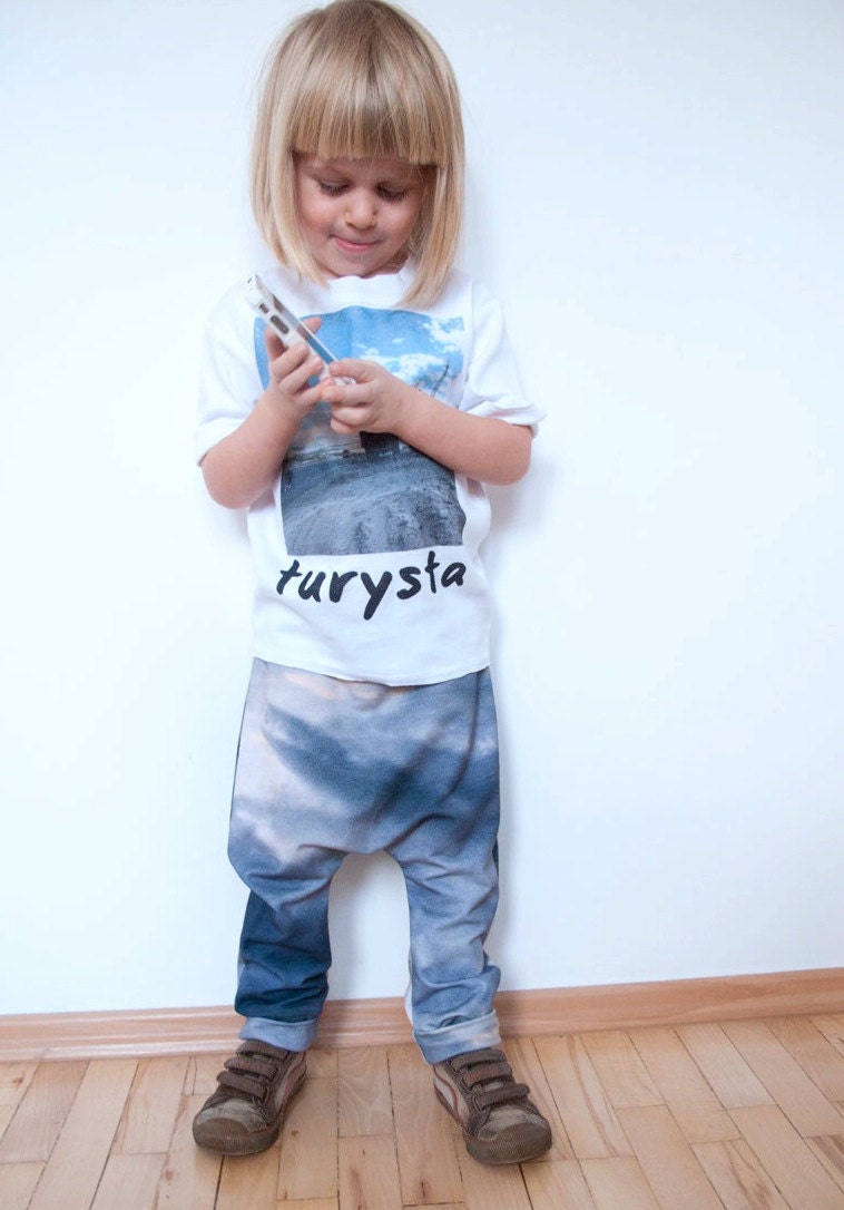 harem  Pants for Children. Eco-friendly bamboo fiber/ organic cotton. Sky Pattern. Age2/3