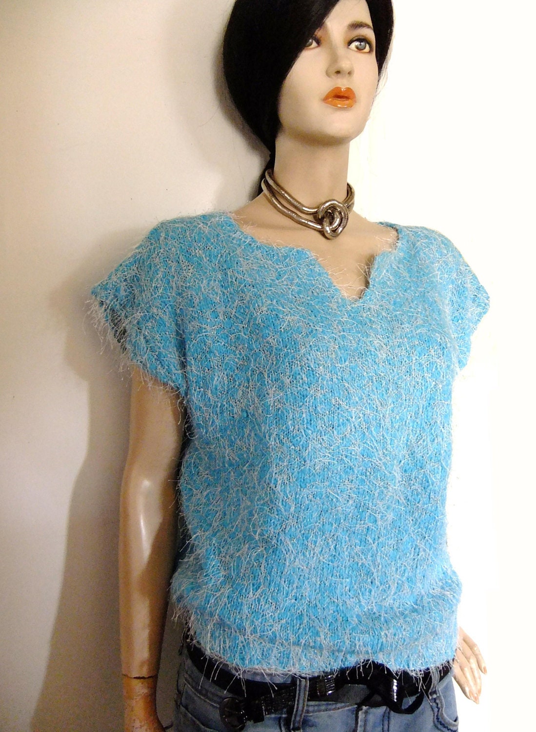 80s sweater, fuzzy oversized turquoise blue fringe knit pullover sweater
