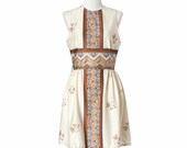 70s Vintage Mini Dress Cream Brown Cross Small Medium