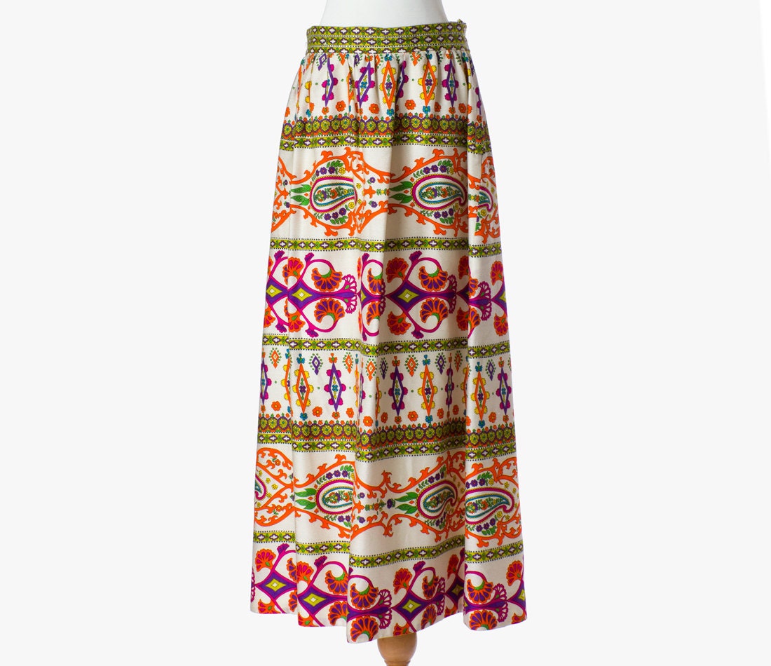 70s Vintage Maxi Skirt Formal Silky Multicolor Hippie Gypsy Fall Medium