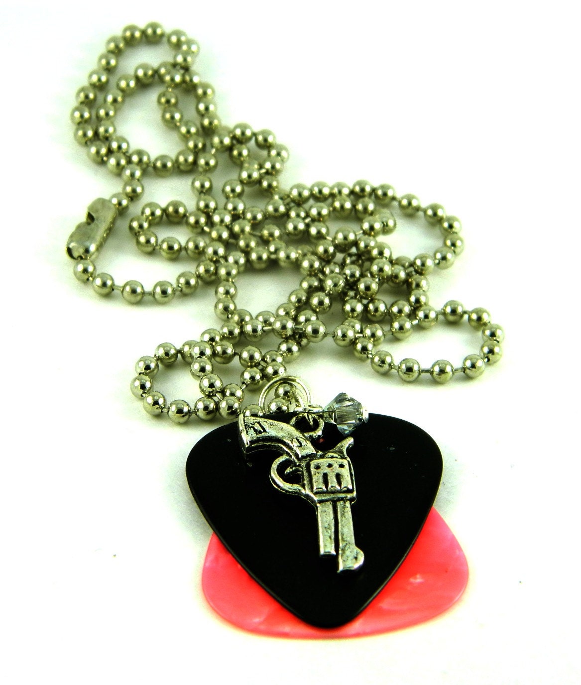 Guitar Pick Necklace, Silver Pistols, Black and Pink Fender Guitar Picks
