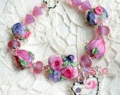 Broken China Bracelet, China Heart Charm, Handmade Lampwork Beads, Pink Rose and Purple Flower China, Sterling Silver