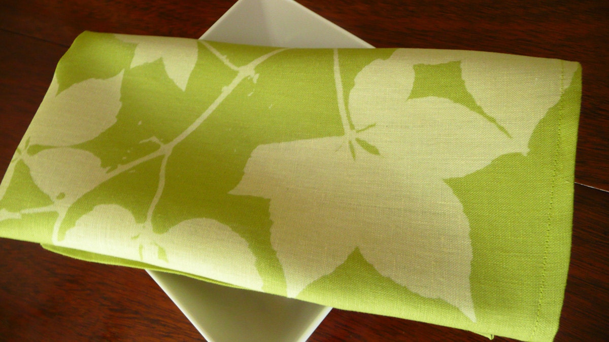 Linen Napkin Set Lime Green Vine and Leaf original design