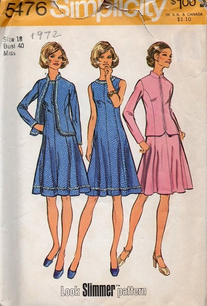 Mod Retro Dress Simplicity 70s Sewing Pattern A-line Dress Full Skirt Princess Dress Jacket Plus Size Bust 40