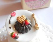 Chocolate pudding cake with strawberry - Handmade miniature polymer clay food jewelry