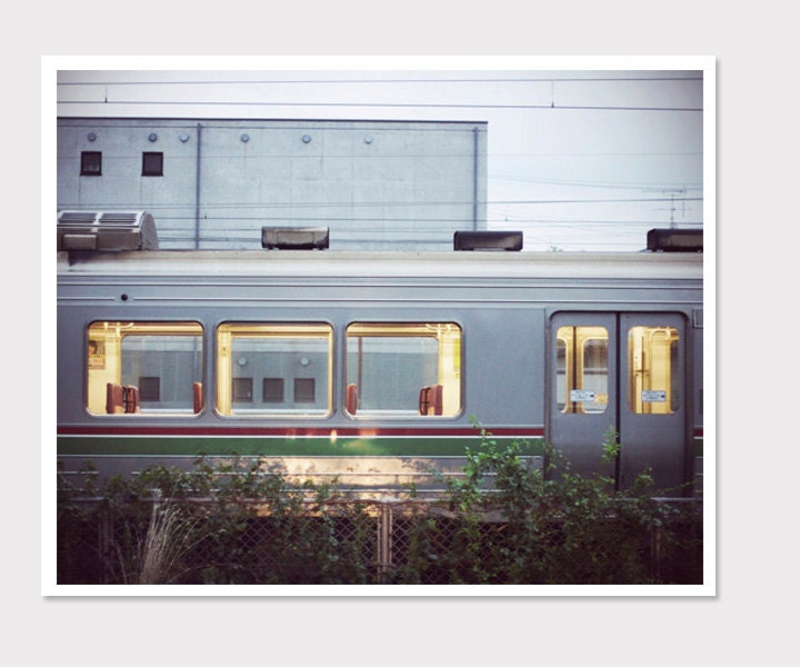 Japan Train Photo-Empty Lit Train in The Night-Vintage Style Travel Photography-8x10