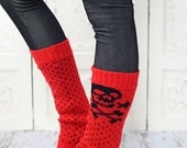 SKULL & Bones Leg Warmers Red Skull Leg Warmers with Hand Stitched Black Lace Trim Skull Boot Socks