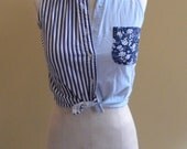 1980s/90s Trendy Hipster Multi-Media Button Down Sleeveless Blouse w/ Big Pocket Size S