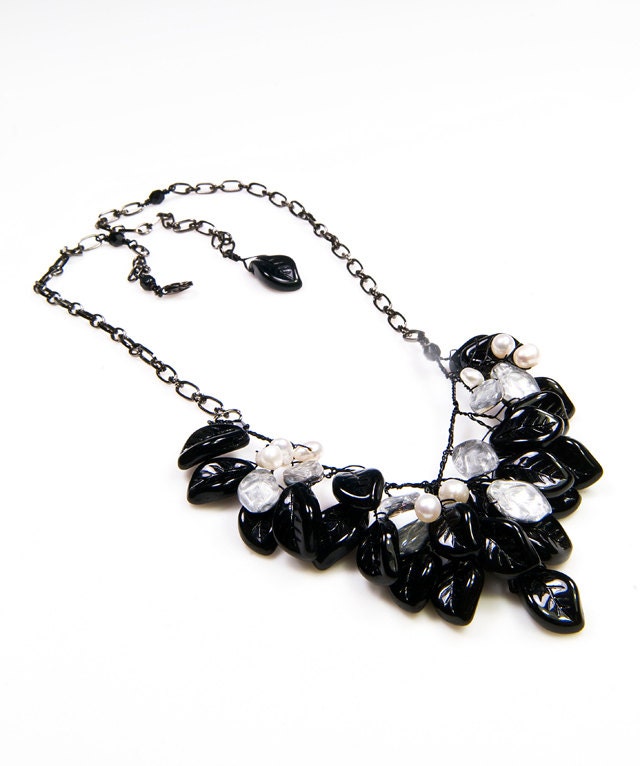 Black Gray Beaded Necklace, Bib Necklace, Leaf Necklace, Vintage Style Jewelry