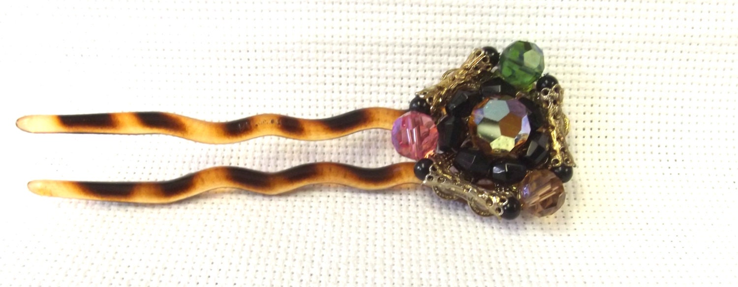 Vintage Hair Pick, Hair Pin, Recycled Vintage Earring, Celluloid Tortoise Shell Pick, Marked France, Filigree and Crystal