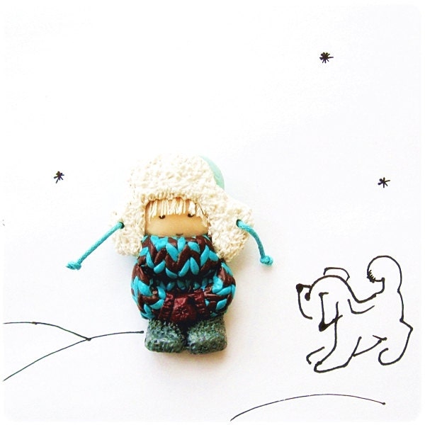 Cute Little Brooch - Boy in fur hat and mittens