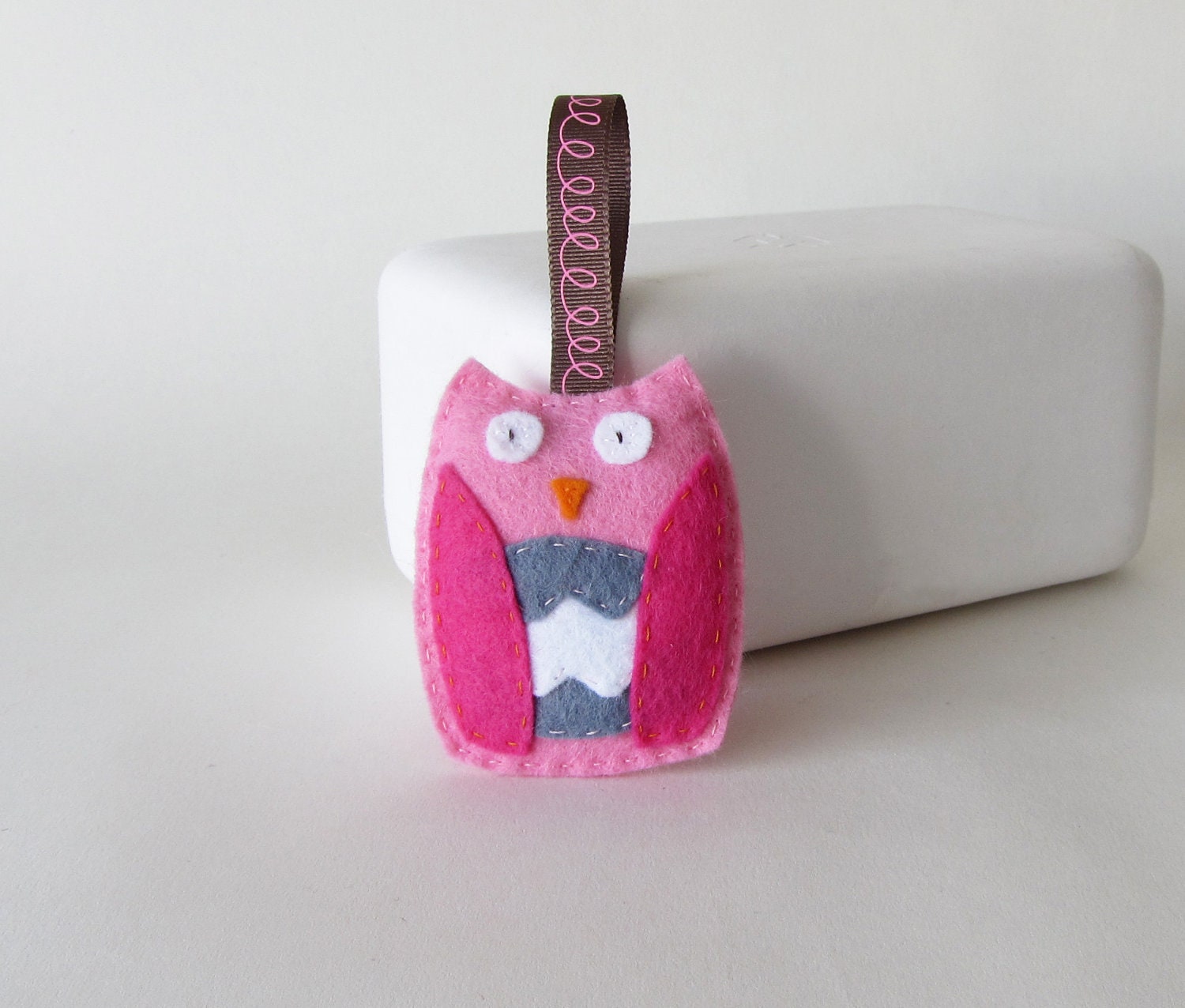 Nora the felt owl ornament - pink and grey - for Christmas or home decor