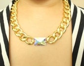 Gold Chunky Curb Chain Necklace with Aurora Borealis Crystal Stone