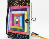 Moleskine Cover, Quilted Journal Slipcover, Fabric Diary - Colorful Journal in Hand Dyed Cottons and Black Batik