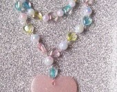 Magical Heart - Iridescent Pastel Beads and Glitter Heart Charm Necklace with Matching Stretch Bracelet