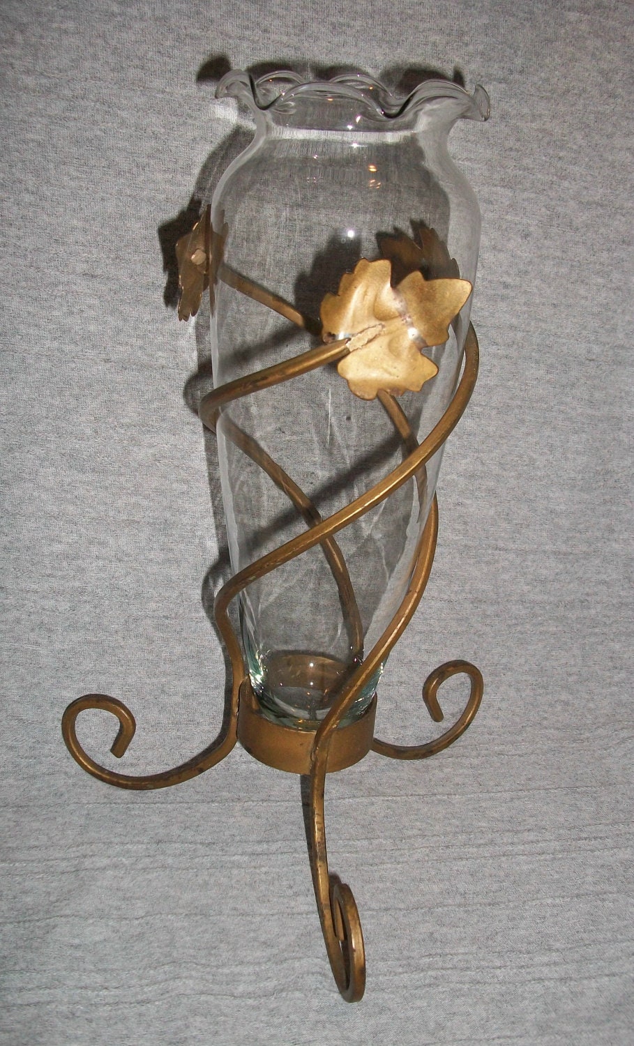 vintage Glass Vase -  With fancy antique brass coated metal stand for flowers