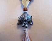 Rudraksha Mala  Prayer Bead Necklace w 108 Prayer Beads, Antique Indian Silver Bead, Spiritual Amulets and Tassle