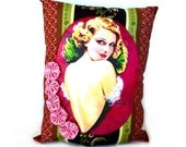 Art Deco Damsel Pillow - Mid Century Retro Pin Up - Ornate Gold Scales and Bold Floral Design with Pocket & Handcrafted Pink Satin Rosettes